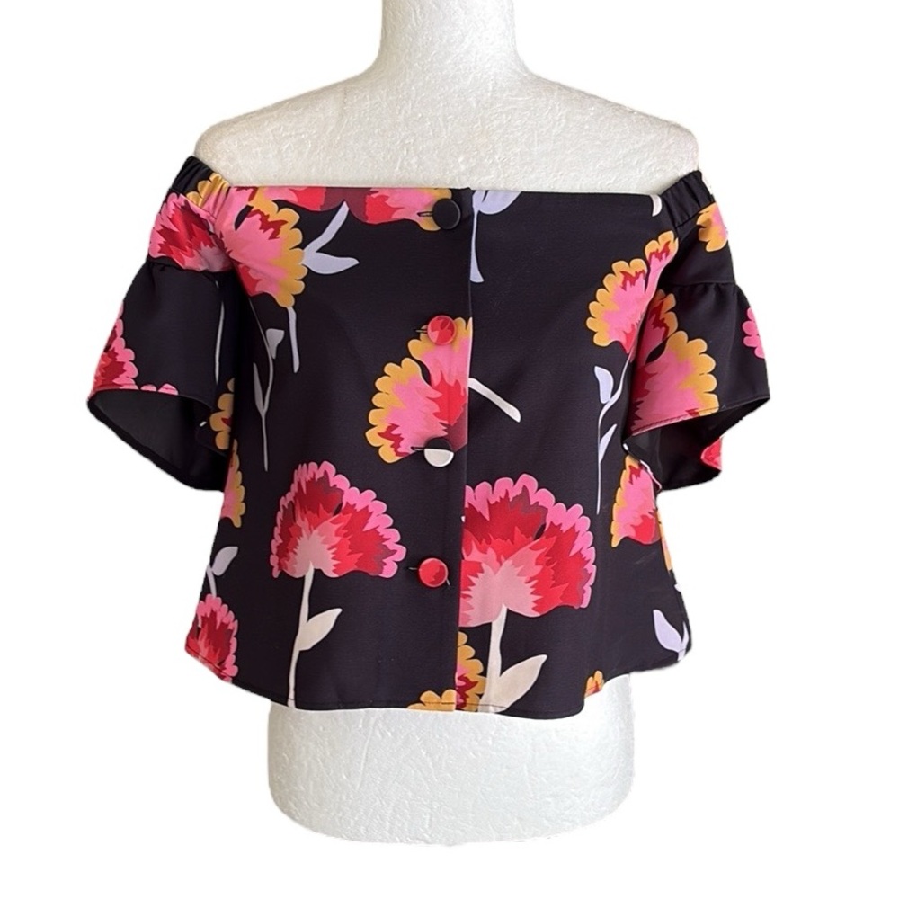 Crosby by Mollie Burch Black Floral Print Button Front Off Shoulder Crop Top  XS